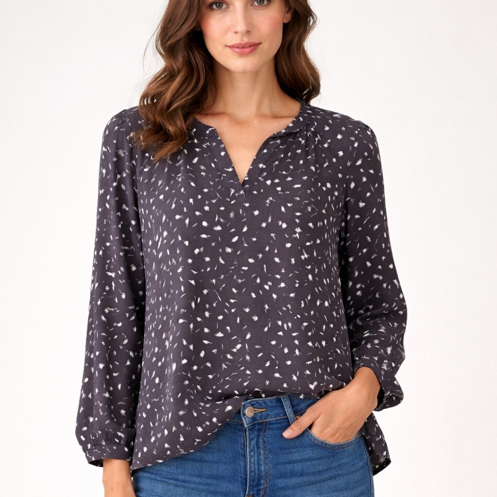 Loft Gray Long Sleeve Blouse White Abstract Print V-Neck Blouson Sleeve Medium